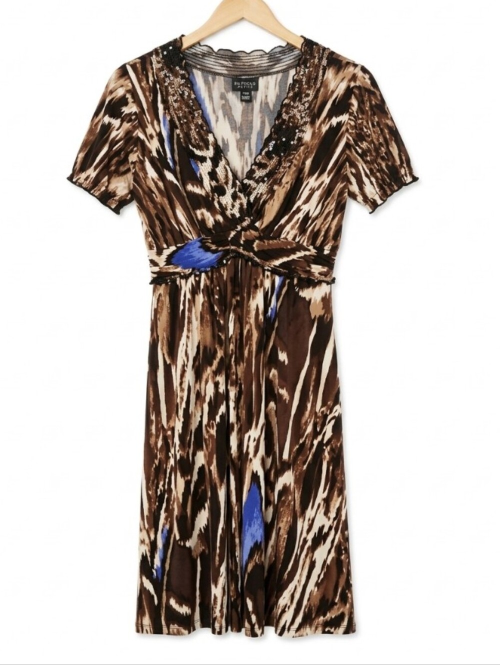 Enfocus Studio Brown and Blue Patterned Midi Wrap Dress